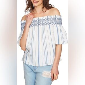 1. State Blue & White Smocked Off The Shoulder Top Large NWT